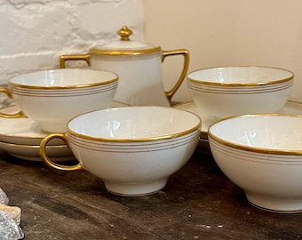 Antique Limoges Tea/Coffee Set – William Guérin & Co. (c. 1895–1910) – 4 Cups, 4 Saucers and 1 Sugar Bowl – French Gilded Porcelain