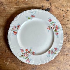 Può includere: Un piatto in ceramica bianca con bordo smerlato e design floreale. Il piatto presenta grappoli di fiori rossi e rosa con accenti blu e verdi. Il bordo ha un bordo color argento. Il piatto è appoggiato su una superficie di legno.