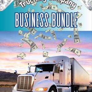 Puede incluir: Un camión blanco en una carretera, con las palabras "Trucking Company BUSINESS BUNDLE" en el cielo. Billetes de dólar caen del cielo, con diamantes en las esquinas. El cielo es un degradado de azul, naranja y rosa.