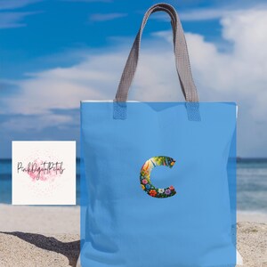 Floral Initial Light Blue Tote Bag: Personalized Beach Bag
