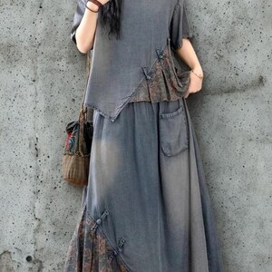 Conjunto de dos piezas de lino estilo bohemio, top holgado y falda maxi asimétrica, atuendo vintage de patchwork,