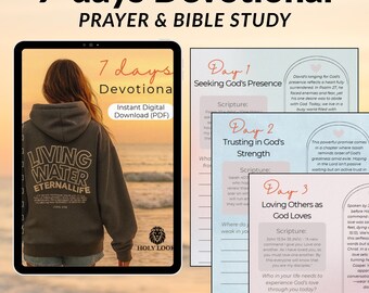 Könnte beinhalten: Ein digitales Download-Produkt mit einem 7-Tage-Andachtsführer für Gebet und Bibelstudium. Das Bild zeigt ein Tablet mit einer Frau in einem Hoodie mit dem Text "LIVING WATER ETERNALLIFE". Zusätzliche Seiten zeigen tägliche Themen.