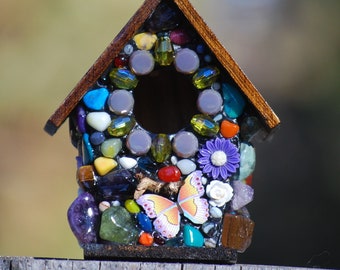 Whimsical Fairy Garden Birdhouse with Purple Flowers & Butterfly's,Mosaic Garden Art,Perfect Gift for Aunts,Grandmas,Daughters and more!