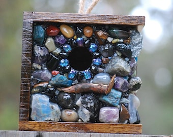 Large Outdoor Birdhouse with Purple Amethyst and tons of other precious stones! Mosaic bird house, Winter birdhouse & garden art