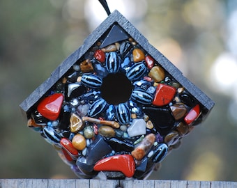 Mosaic Stone Birdhouse with Red Jasper, Amethyst, Blue Lace Agate & other amazing Gemstones, Handmade in Oregon for Spring Birds