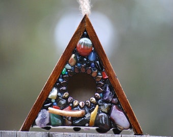 Miniature Mosaic birdhouse with colorful stones, Mosaic Garden Art and a Unique gift for anyone