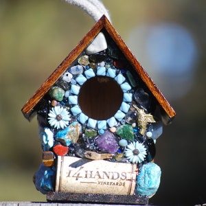 Miniature Garden Birdhouse with Whimsical Blue Flowers, Mosaic Garden Art with Blues and a Humming Bird, Cute Stone Birdhouse