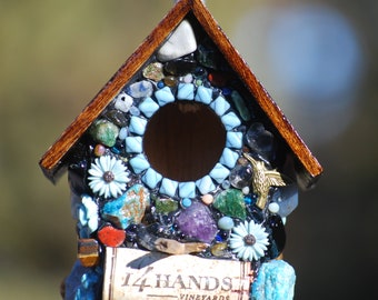 Miniature Garden Birdhouse with Whimsical Blue Flowers, Mosaic Garden Art with Blues and a Humming Bird, Cute Stone Birdhouse