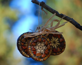 3 Mosaic Snowflake Gift Tags and Rustic Tree Ornaments, Personalize for Christmas, Rustic Holiday Decor, Mosaic Tree Decor, FREE SHIPPING