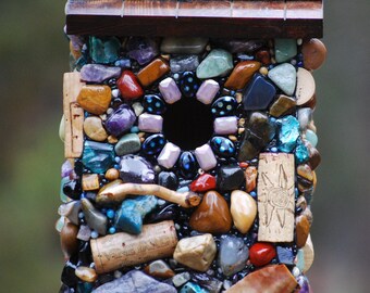 Mosaic Birdhouse with Wine Corks & Colorful Gems. Functional Outdoor Birdhouse to keep Birds Warm and Cozy during Winter