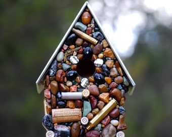 Gift for him, Recycled Birdhouse made with Bullets, Rustic Mosaic Outdoor Birdhouse Gift for Men with a Hunting theme