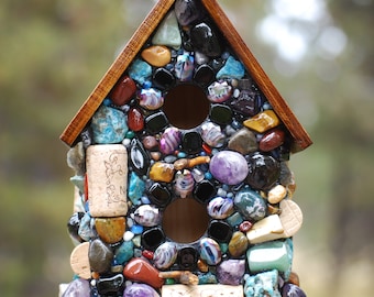 Mosaic Spring Birdhouse and Outdoor garden decor, Mosaic Garden Art thats Eco Friendly perfect nature lover gift and wine lover, stone house