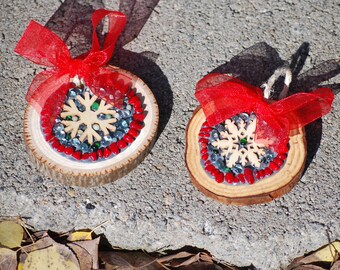 Pair of Snowflake Gift Tags and Tree Ornaments, Personalize for Christmas, Rustic Holiday Decor, Mosaic Christmas Decorations