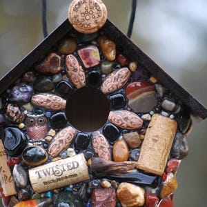 Colorful Stone & Wine Cork Birdhouse- Winter haven for birds.  Functional Outdoor Birdhouse to keep Birds Warm and Cozy during Winter