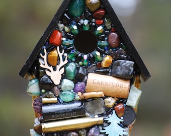 Recycled Outdoor Birdhouse For Hunters, Stone Bird House with a Bullet and Gun Theme, Natural Colors and Hand Made in Oregon