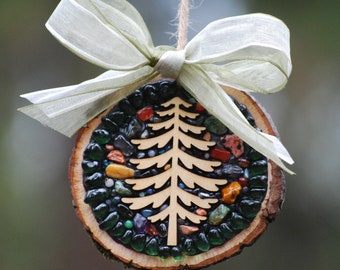 Mosaic Tree Ornament with Green Glass and rustic river rocks