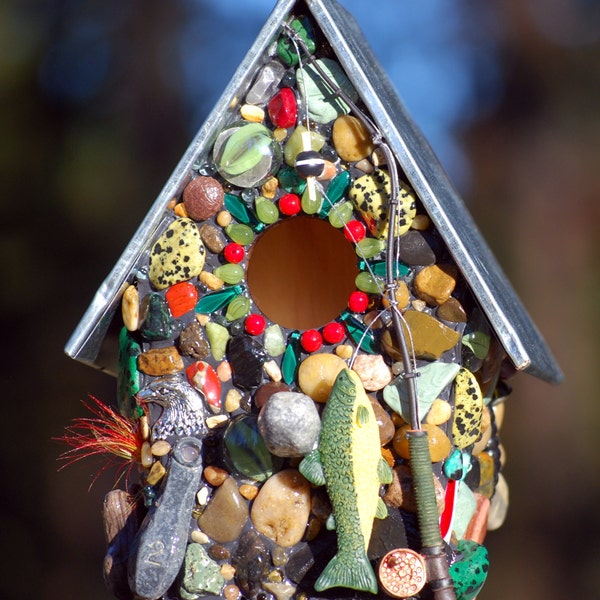 The fisherman, Mosaic Birdhouse,  Nature lover, fishing gift, fishing lures, fishing decor, colorful stones for the, outdoor bird watcher