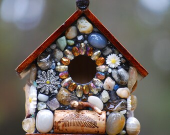 Daisy Mosaic Birdhouse with Colorful Stones and Wine Corks. Cute Garden Decoration and a perfect Christmas Gift for a special someone