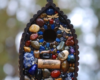 Nature Themed Mosaic Birdhouse with Water blues and a duck wine cork, Outdoor Birdhouse Made in Oregon, This is a One of a kind