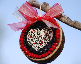 Free Shipping on this Valentine Tree Ornament, Red Mosaic Heart Decoration, Make a Custom Gift Tag and Rustic Love Christmas Decoration