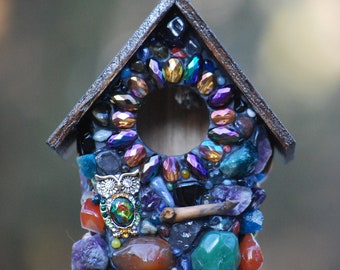 White elephant gift, Miniature Mosaic birdhouse with Whimsical Owl, Wood Hearts, Lady Bugs and Colorful Stones, Wooden Christmas decor