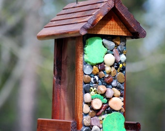 Spring bird feeded, Stone bird feeder, Mosaic Bird Feeder, Cedar bird feeder, Spring Birds, colorful mosaic, outdoor mosaic, garden art