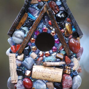 Spring Birdhouse,  Handcrafted Mosaic Stone Birdhouse with Upcycled Wine Corks.
