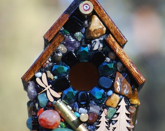 Stone birdhouse with Deer, Trees & Recycled Bullets. Stone Birdhouse perfect Cabin Decor, A Centerpiece