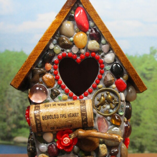 Mosaic Valentine Birdhouse with wine cork art and roses