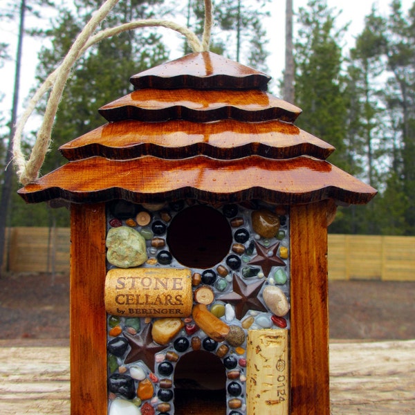 Rustic Star Birdhouse ready to hang outdoors