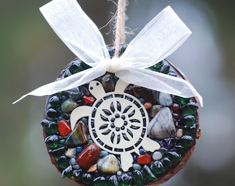 Mosaic Turtle Tree Ornament with Green Glass & precious stones on a Natural Wood Slice with a ribbon, Could also be Gift Tag