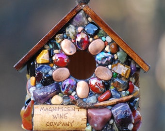 Wine Cork Birdhouse with Colorful Mosaic Stones and Lady Bugs! Cute Garden Decoration and a perfect Christmas Gift for Anyone