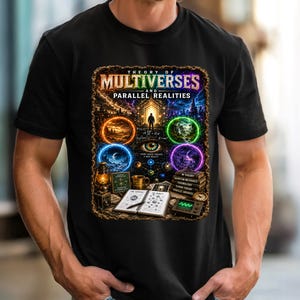 Könnte beinhalten: Schwarzes T-Shirt mit detaillierter Grafik, die den Text "THEORY OF MULTIVERSES AND PARALLEL REALITIES" zeigt. Das Design umfasst farbige Kugeln, wissenschaftliche Diagramme und eine Figur in einer Tür, die ein Science-Fiction-Thema suggeriert.