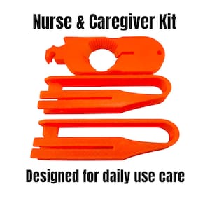 May include: An orange Nurse & Caregiver Kit with three tools. The text "Nurse & Caregiver Kit" and "Designed for daily use care" are displayed in black. The tools include a bottle opener, a tool with a circular opening, and two U-shaped tools.
