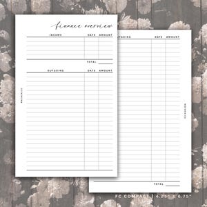 May include: A white finance overview planner insert with black text and lines. The layout includes sections for income, outgoing, date, and amount columns. The text reads Finance overview, Income, Outgoing, Date, Amount, Total, and FC COMPACT 4.25" X 6.75".