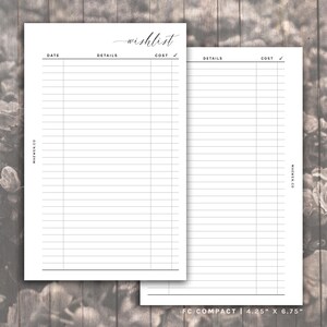 May include: Two white paper planner inserts with black grid lines. The left page features the header wishlist and columns for date, details, cost, and a checkmark. The right page has columns for details, cost, and a checkmark. Text reads MAEWEN.CO.