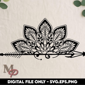 Puede incluir: Diseño de mandala en blanco y negro con una flecha, un patrón floral y el texto "DIGITAL FILE ONLY - SVG.EPS.PNG". El diseño es adecuado para proyectos de arte digital.