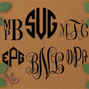 May include: A collection of black monogram designs featuring various letter combinations including MB, SUG, MTC, EPG, BNL, and DPA, displayed in different fonts and shapes such as circles and hexagons, with a small pink and grey MP monogram at the bottom.