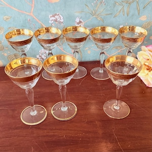 Vintage Gold Rim Cocktail Coupes – Set of 9 Glastonbury-Lotus Minton Band Glasses, Mid-Century Bar Cart Elegance