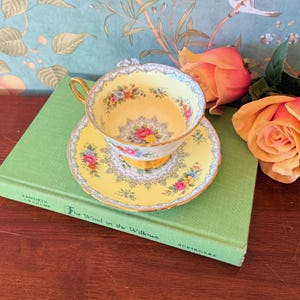Shelley Crochet Teacup & Saucer – Vintage English Bone China, Sunny Floral Charm