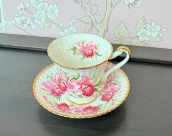 Paragon Pink Orchids Bone China Teacup and Saucer Duo