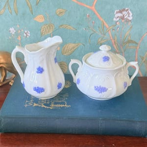 Może przedstawiać: Biały porcelanowy zestaw do śmietanki i cukru z niebieskimi kwiatowymi akcentami. Śmietanka ma zakrzywiony uchwyt i falisty brzeg. Cukiernica ma pokrywkę z małym guzikiem i dwoma uchwytami. Zestaw umieszczono na niebieskiej książce.