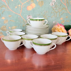 Antique MZ Austria Bouillon Cups & Saucers Set | Green and Gold Porcelain Soup Bowls c.1900