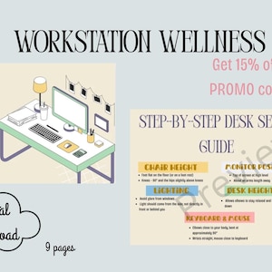 Pode incluir: Download digital intitulado "Workstation Wellness" com um guia para uma configuração de secretária sem dor. A imagem inclui ilustrações de uma configuração de secretária e um guia passo a passo.