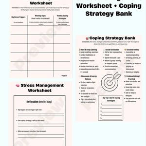 Op de afbeelding: Een werkblad van twee pagina's met de titel "Stress Management Worksheet + Coping Strategy Bank". Pagina 1 bevat secties voor het identificeren van triggers, waarschuwingssignalen en gezonde copingstrategieën. Pagina 2 heeft een reflectiegedeelte en een lijst met copingstrategieën.
