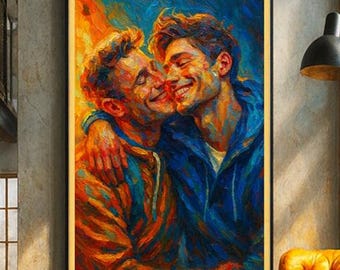 When Mike Met Sam, Joyful Gay Couple Painting, Colourful LGBTQ+ Love Poster, Queer Romance Wall Art