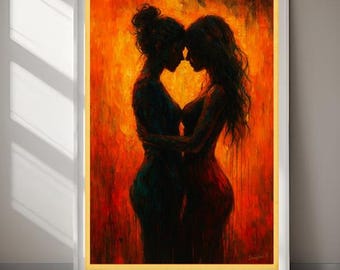 May include: Framed art print depicting an abstract painting of two figures in an embrace. The silhouettes are set against a fiery orange and red backdrop. The artwork is presented in a white frame with a gold inner border.