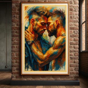 May include: A framed art print showing two men in an embrace, painted in vivid blues, oranges, and yellows. The artwork is mounted on a brick wall, with a wooden floor in the foreground. The painting has a contemporary, expressive style.
