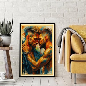 May include: A framed art print showing two men in an embrace, painted in vivid blues, oranges, and yellows. The artwork is set against a white brick wall, with a wooden stool and potted plants on the left and a yellow sofa on the right.