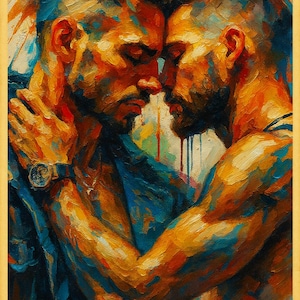 May include: A vibrant painting shows two men in an embrace, their faces touching. The artwork uses warm oranges, blues, and yellows, with visible brushstrokes. One man wears a watch. The overall theme is intimacy and connection.